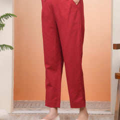 Women Maroon Cotton Flax Solid Straight Pants