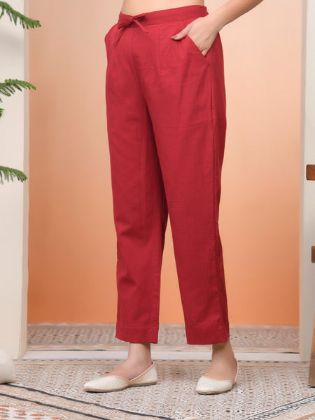 Women Maroon Cotton Flax Solid Straight Pants