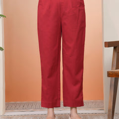 Women Maroon Cotton Flax Solid Straight Pants