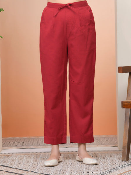 Women Maroon Cotton Flax Solid Straight Pants