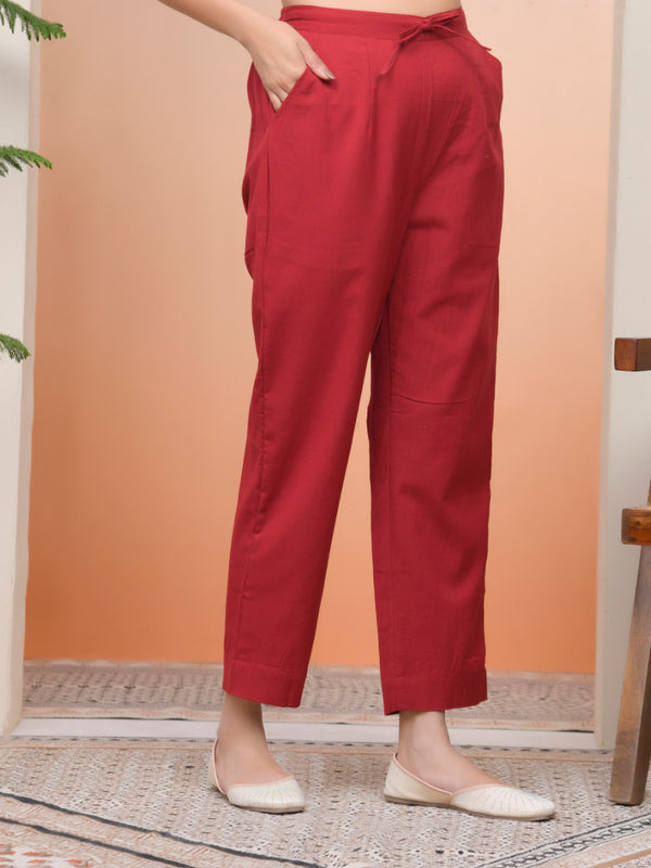 Women Maroon Cotton Flax Solid Straight Pants