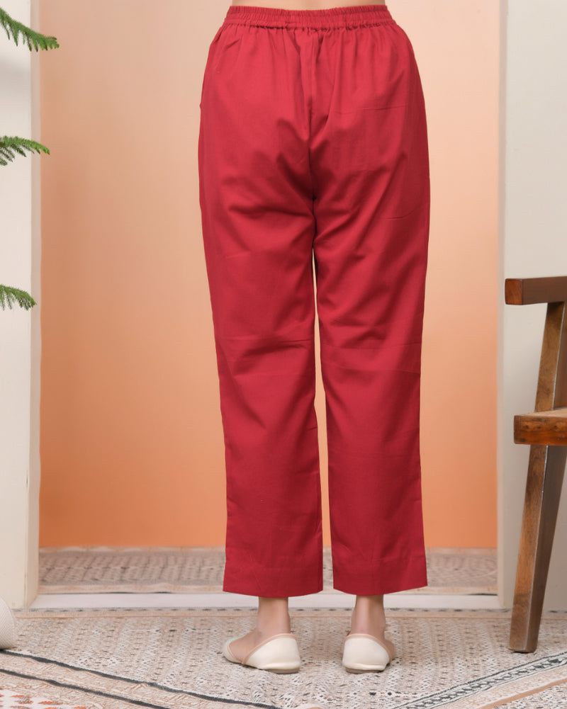 Women Maroon Cotton Flax Solid Straight Pants