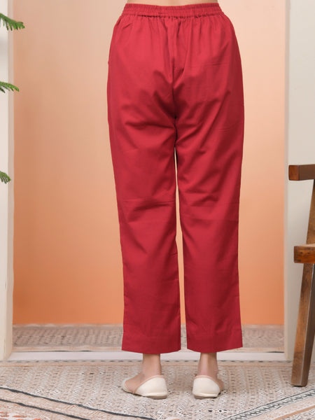 Women Maroon Cotton Flax Solid Straight Pants