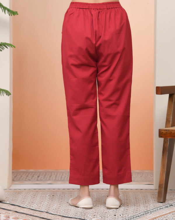 Women Maroon Cotton Flax Solid Straight Pants