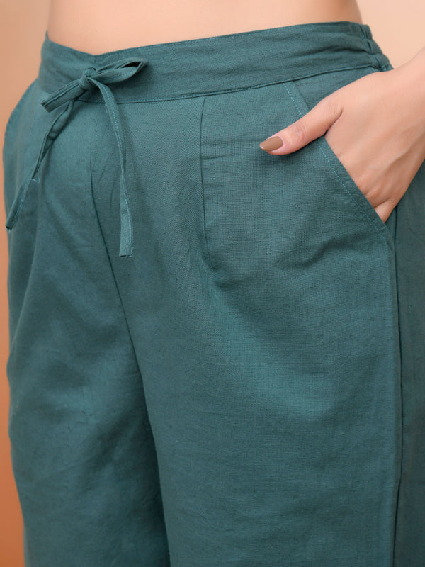 Women Ferozi Cotton Flax Solid Straight Pants