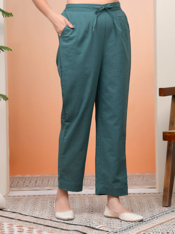 Women Ferozi Cotton Flax Solid Straight Pants