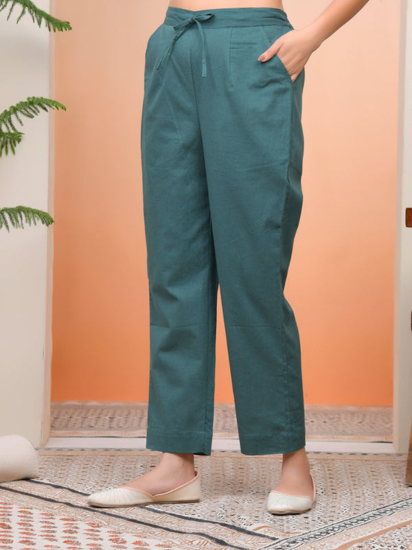 Women Ferozi Cotton Flax Solid Straight Pants