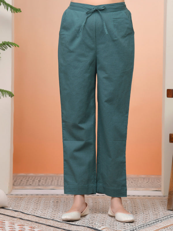 Women Ferozi Cotton Flax Solid Straight Pants