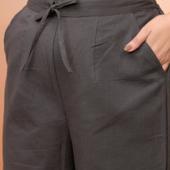 Women Charcoal Cotton Flax Solid Straight Pants