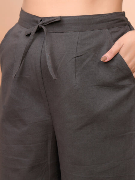 Women Charcoal Cotton Flax Solid Straight Pants