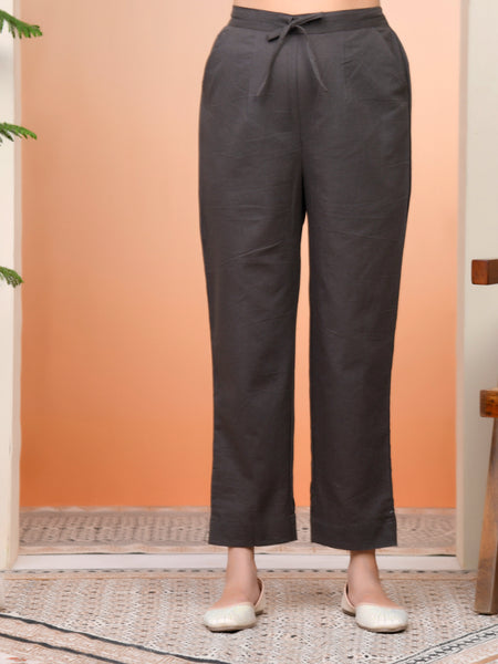Women Charcoal Cotton Flax Solid Straight Pants