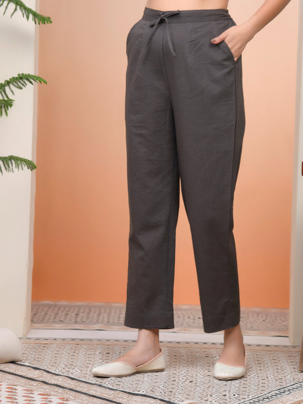 Women Charcoal Cotton Flax Solid Straight Pants