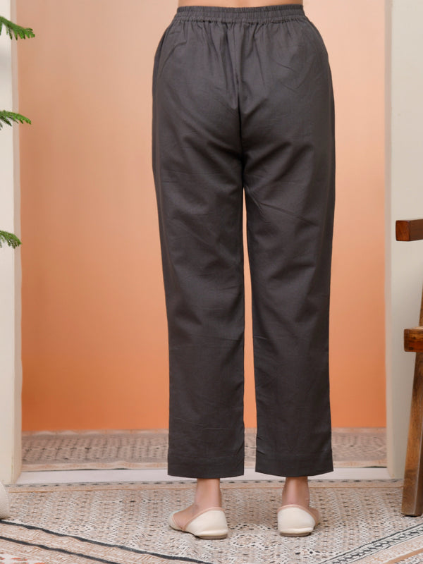 Women Charcoal Cotton Flax Solid Straight Pants