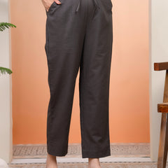 Women Charcoal Cotton Flax Solid Straight Pants