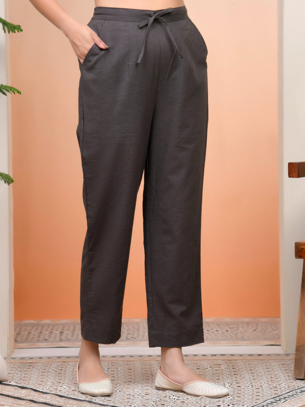Women Charcoal Cotton Flax Solid Straight Pants