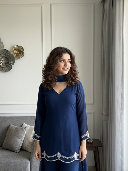 Royal Blue Embroidered Festive Co-Ord Set