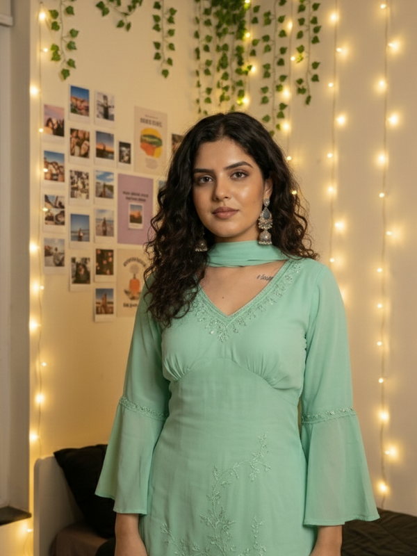 Festive Embroidered Co-Ord Set with Flared Sleeves