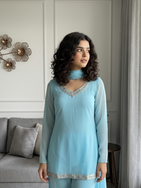 Ice Blue Embroidered Co-Ord Set