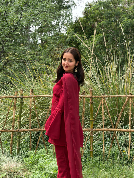 Maroon Embroidered Co-Ord Set with Flared Sleeves