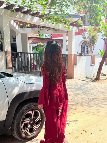 Maroon Embroidered Co-Ord Set with Flared Sleeves