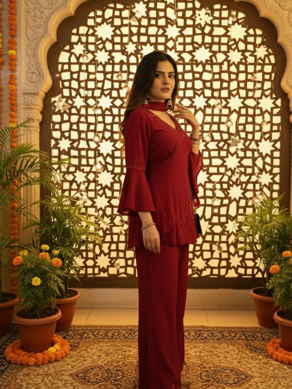 Festive Embroidered Co-Ord Set with Flared Sleeves