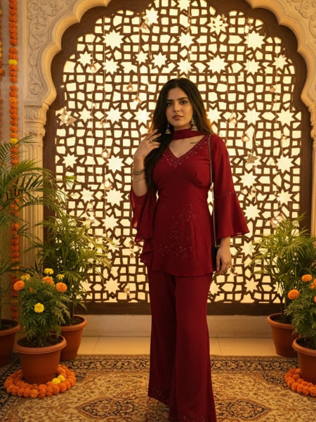 Maroon Festive Embroidered Co-Ord Set with Flared Sleeves