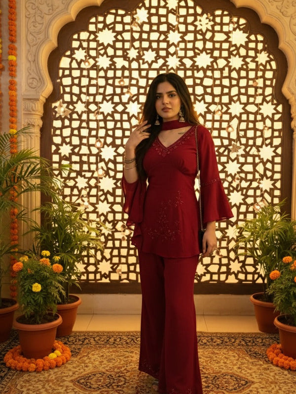 Festive Embroidered Co-Ord Set with Flared Sleeves