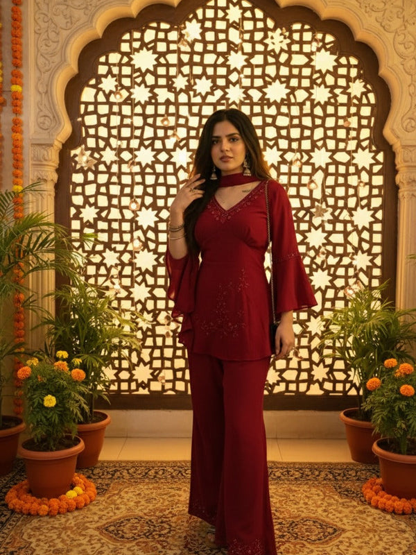 Festive Embroidered Co-Ord Set with Flared Sleeves