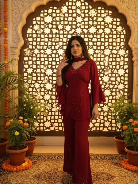 Maroon Festive Embroidered Co-Ord Set with Flared Sleeves