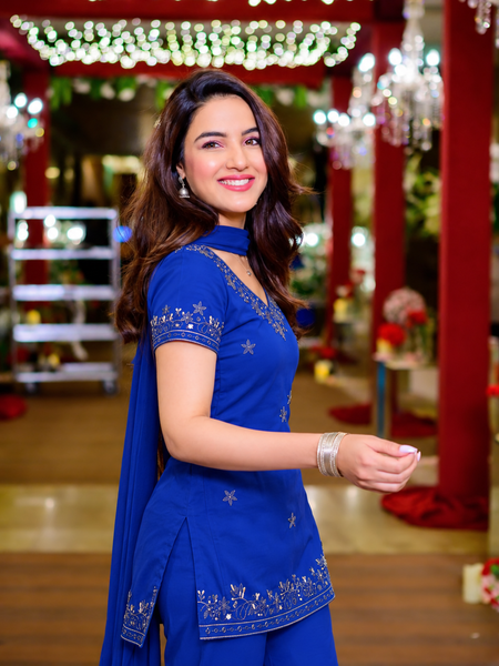 Royal Blue Embroidered Georgette Sharara Suit Set with Dupatta
