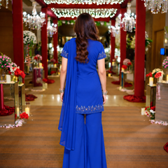 Royal Blue Embroidered Georgette Sharara Suit Set with Dupatta