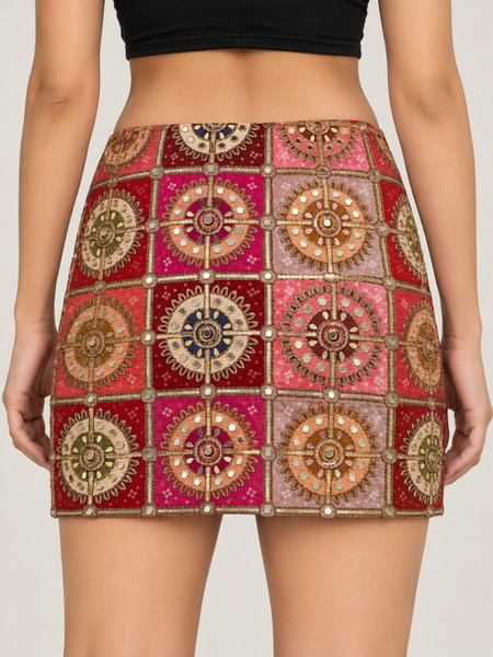 Crepe Embroidered Mirror Work Mini Skirt