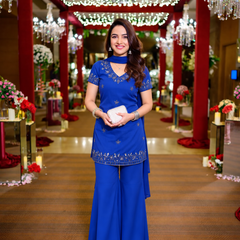 Royal Blue Embroidered Georgette Sharara Suit Set with Dupatta