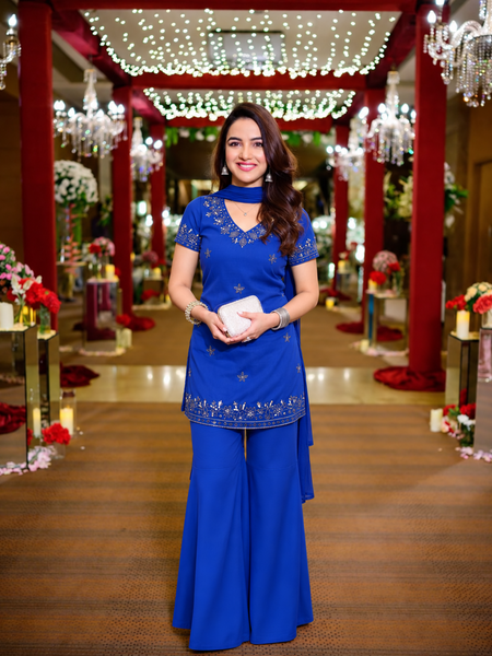Royal Blue Embroidered Georgette Sharara Suit Set with Dupatta