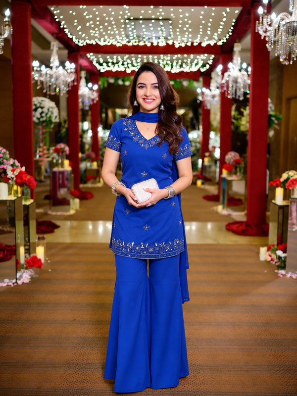 Royal Blue Embroidered Georgette Sharara Suit Set with Dupatta