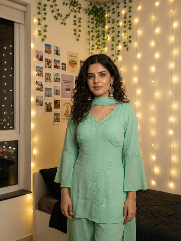 Festive Embroidered Co-Ord Set with Flared Sleeves