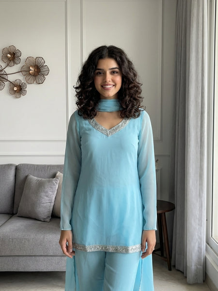 Ice Blue Embroidered Co-Ord Set