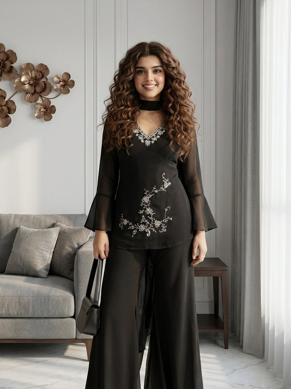 Embroidered Co-Ord Set with Flared Sleeves