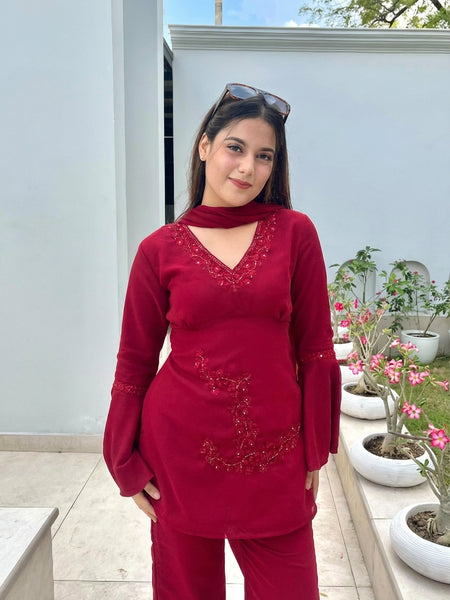Maroon Embroidered Co-Ord Set with Flared Sleeves