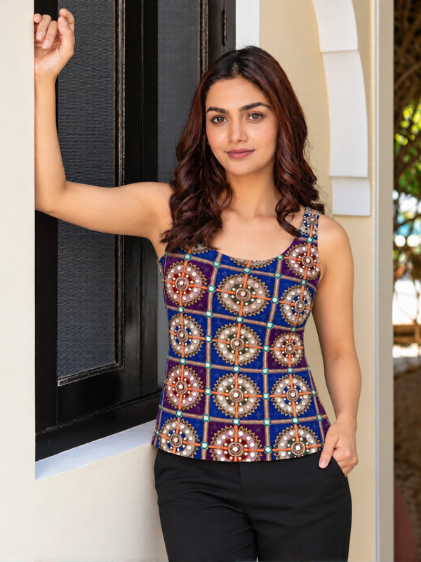 Women's Embroidered Mirror Work Sleeveless Crepe Top